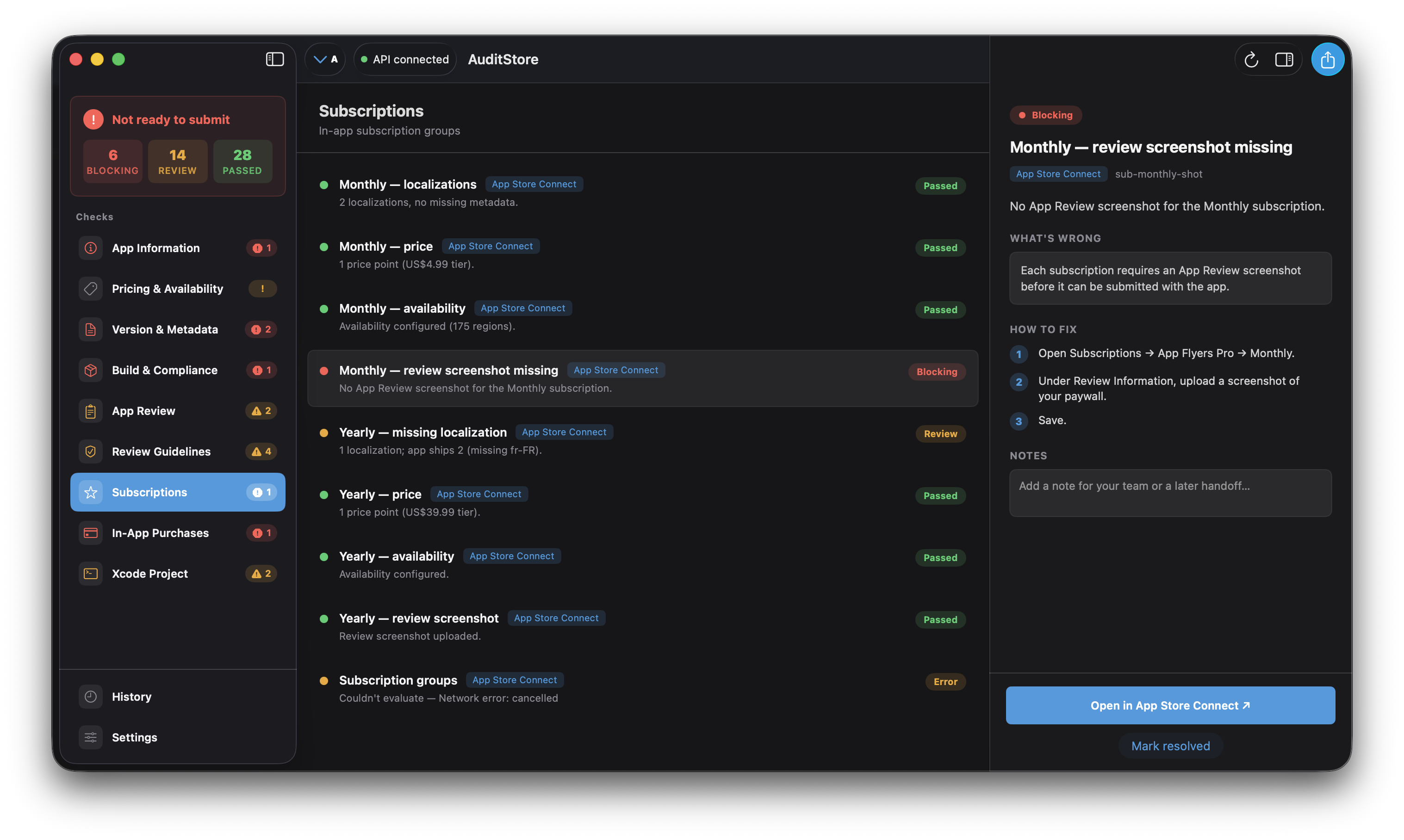 AuditStore auditing an Xcode project — checks sidebar, findings list, and fix guidance