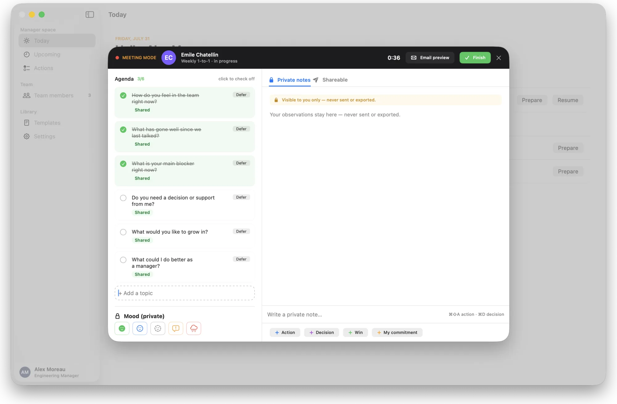 CadenceOne meeting mode: an agenda checklist on the left, private notes on the right, with a running timer.