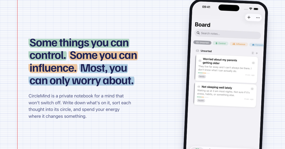 CircleMind, carnet privé pour trier ses pensées selon les cercles de contrôle, sur iPhone