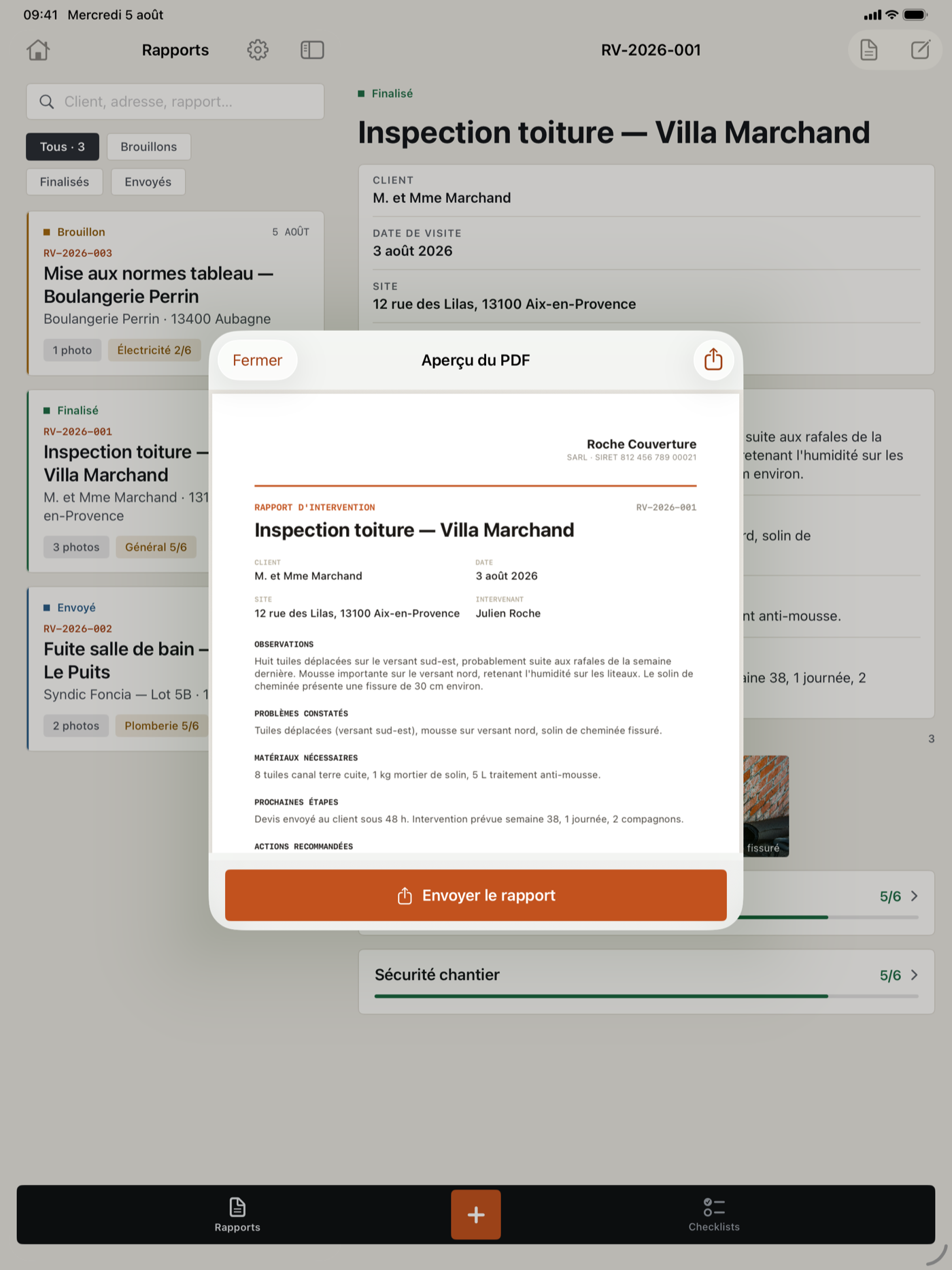Aperçu du rapport PDF généré par Constato avec en-tête d'entreprise