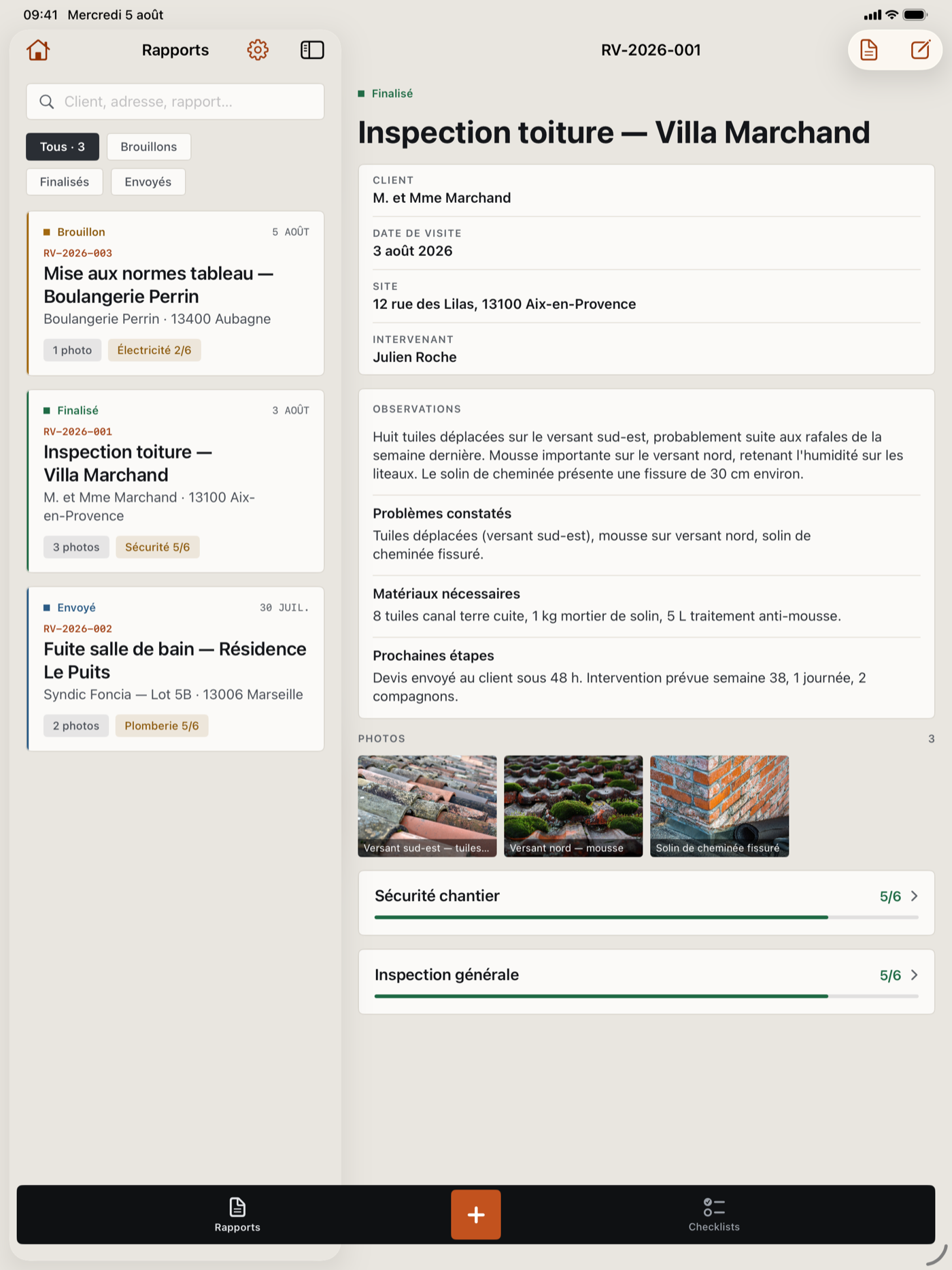 Constato affiché sur iPad : liste des rapports d'intervention