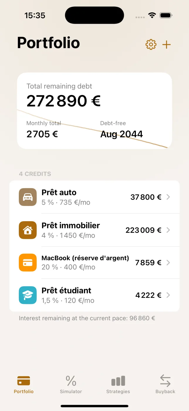 Portfolio screen of Debt Strategist